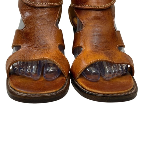 Bed Stu Ida Cage Sandals Womens Size 7.5 Tan Leather Peep Toe Block Heel Boho - Picture 3 of 11